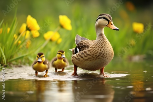 Wildlife moment as A mother duck leading her ducklings across a pond. Mallard duck family reflects in tranquil pond generated, Ai generated