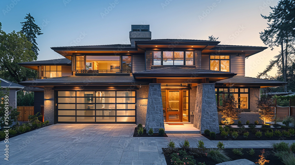 The exterior of a craftsman house during a vibrant sunset, the warm hues of the sky complementing the earthy tones of its design, creating a stunning suburban panorama.