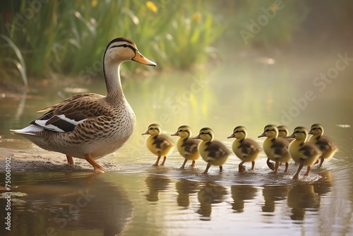 A mother duck leading her ducklings across a pond. duck swimming in the pond in the park, Wildlife moment as a mother duck leads her ducklings into the water, Ai generated