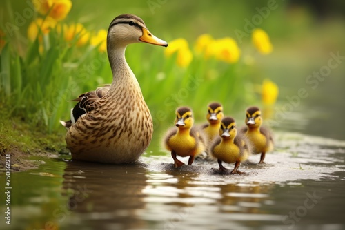 A mother duck leading her ducklings across a pond. duck swimming in the pond in the park, Wildlife moment as a mother duck leads her ducklings into the water, Ai generated