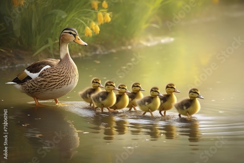 A mother duck leading her ducklings across a pond. duck swimming in the pond in the park, Wildlife moment as a mother duck leads her ducklings into the water, Ai generated
