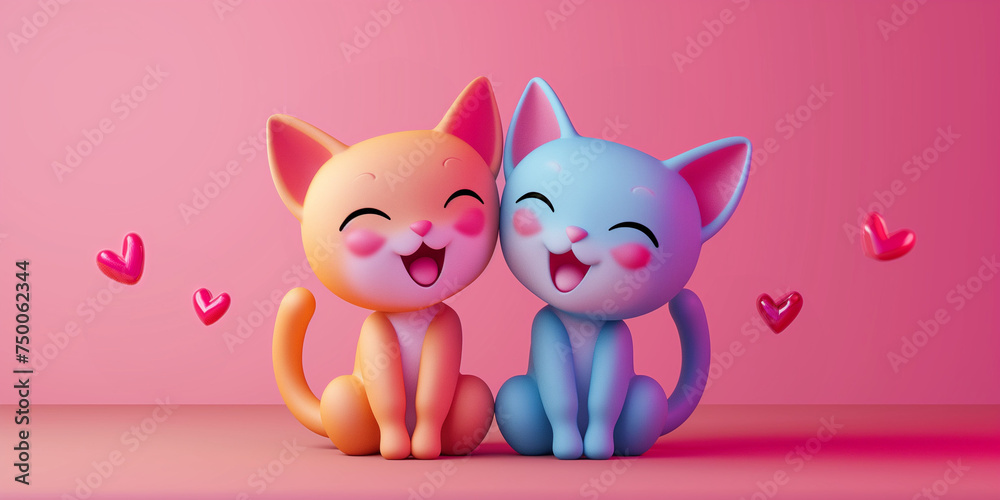 Cute cats in love positive background. Valentine's Day wallpaper. Cats kawaii style. Volumetric figurines of cats in 3D style. Digital artwork raster bitmap. AI artwork. Cute cats in love positive background. Valentine's Day wallpaper. Cats kawaii style. Volumetric figurines of cats in 3D style. Digital artwork raster bitmap. AI artwork.