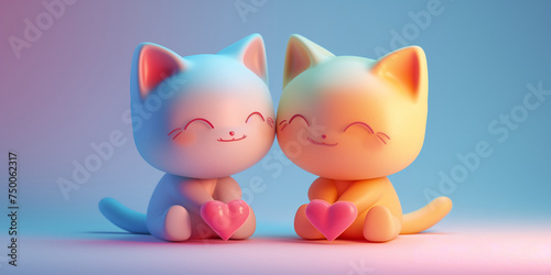 Cute cats in love positive background. Valentine's Day wallpaper. Cats kawaii style. Volumetric figurines of cats in 3D style. Digital artwork raster bitmap. AI artwork.  © Oxana