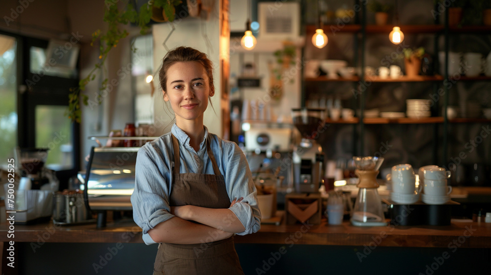 A confident female barista stands with folded arms in front of a coffee machine in a cozy cafe.