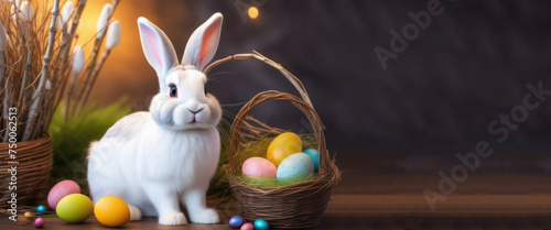 White cute bunny near a basket with Easter eggs and blooming willow flowers, copy space, banner. Celebration of Holy Easter