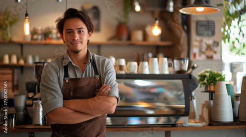 A smiling young male barista with crossed arms stands in a coffee shop with a professional espresso machine.