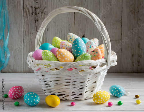 White wicker Easter basket is filled with painted Easter eggs. The eggs are painted with pastel colors and designs. There is a barn board background and floor.