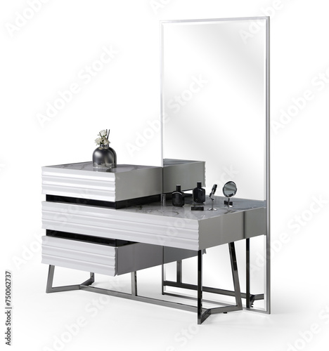 Dressing table isolated on white background. Wooden dressing table with mirror