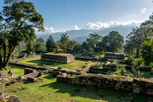 Spectacular Panoramic View of Historical Iximche Ruins Nestled in Guatemala's Lush Mountains photo