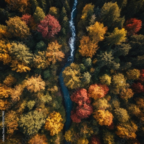 A beautiful autumn forest with a river running through it. The trees are full of vibrant colors, creating a warm and inviting atmosphere. The river adds a sense of tranquility © orelphoto
