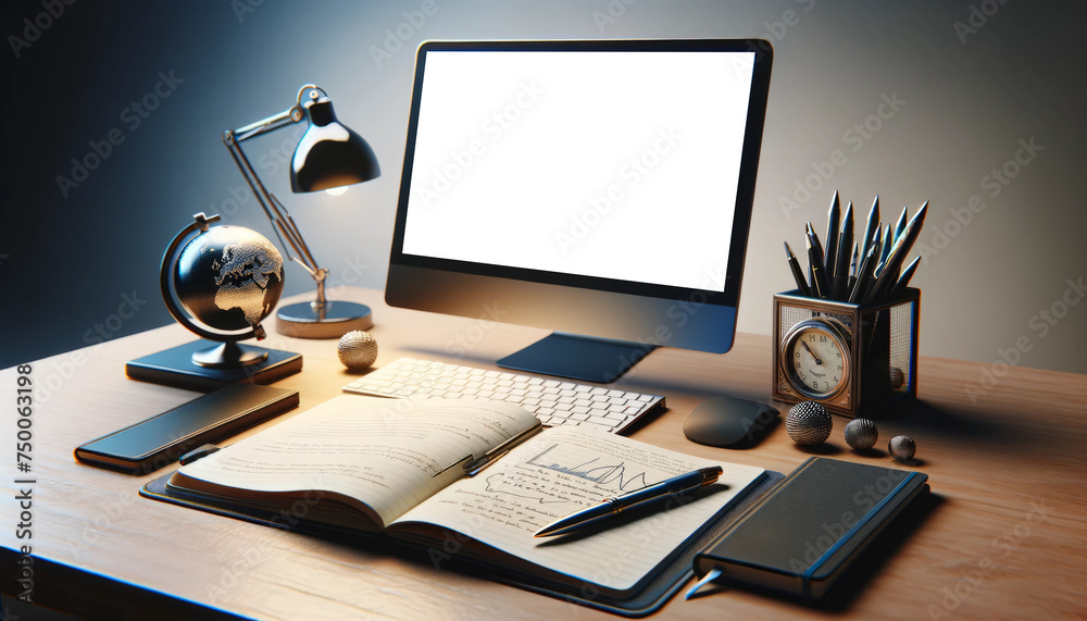 Blank computer screen mockup, working environment in a dimly lit room Blank computer screen mockup, working environment in a dimly lit room