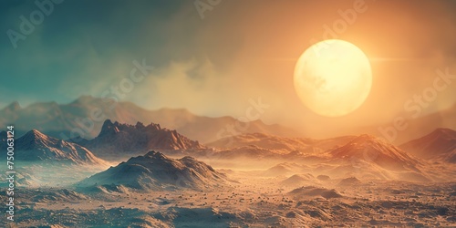 Majestic Martian Landscape Featuring Olympus Mons and Dusty Horizon Illuminated by the Sun. Concept Mars Exploration, Volcanoes on Mars, Sunlit Dusty Horizon, Olympus Mons, Red Planet Features photo