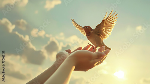 hands raising bird to take flight photo