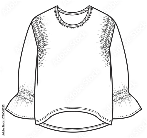 Long sleeve top for girls fashion CAD, crew neck sweatshirt with ruffles and drawstring detail technical drawing, template, model, flat sketch. Fashion design collection.