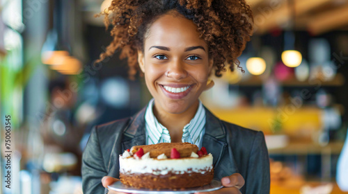 woman in business attire cheerfully carries a cake