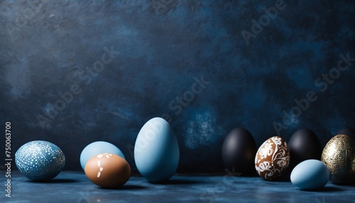 Painted Easter eggs on dark blue matte concrete surface, stylish banner with copy space