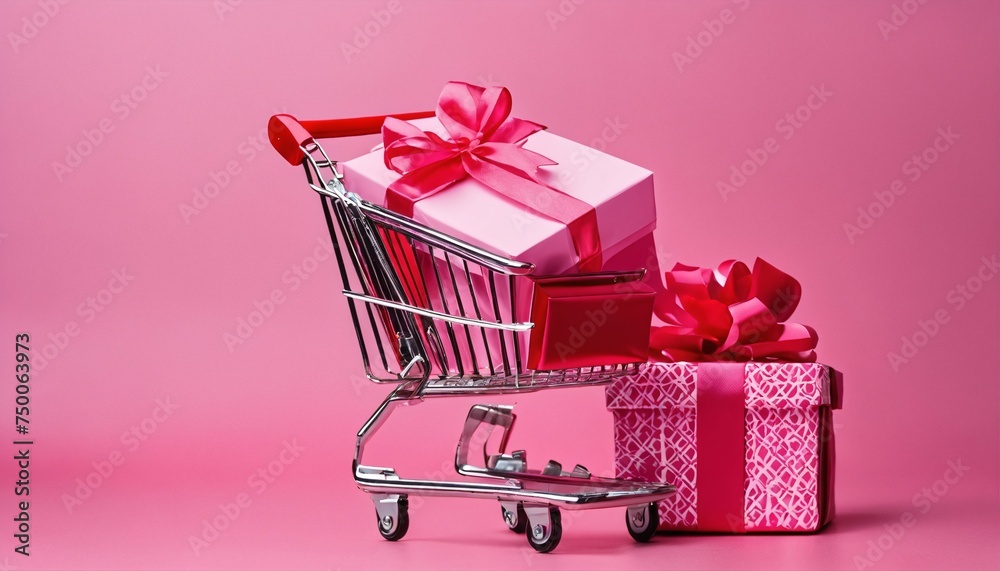 Valentine's Day shopping concept with a cart adorned by a pink gift, representing love and anticipation Valentine's Day shopping concept with a cart adorned by a pink gift, representing love and anticipation