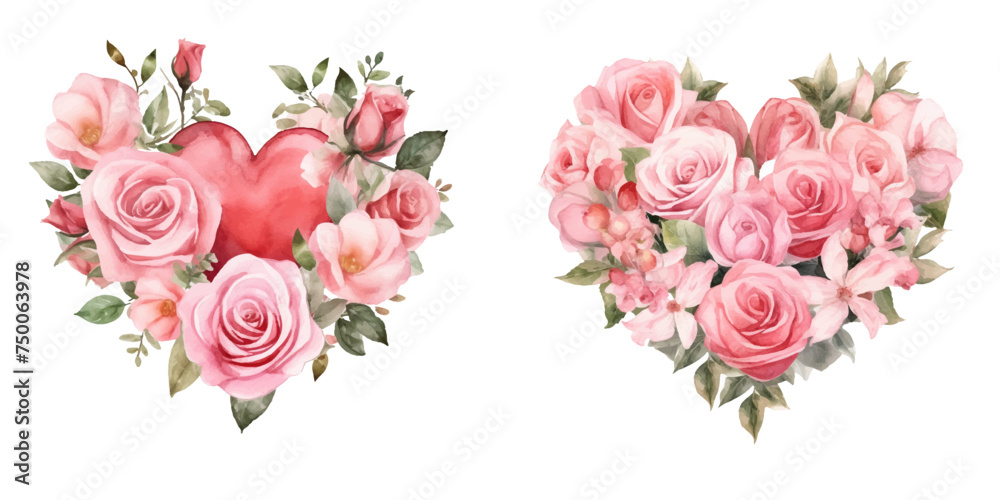  rose heart bouquet watercolor vector illustration