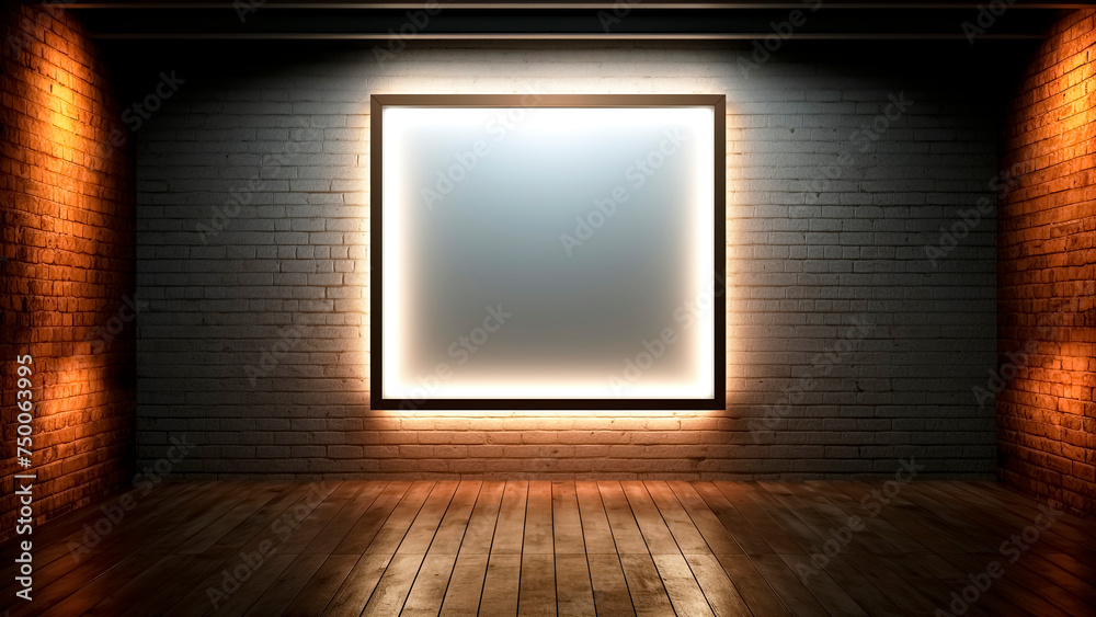 Empty Room with Blank White Frame with Lights on Textured Brick Wall. Mockup. Interior Design. Empty Room with Blank White Frame with Lights on Textured Brick Wall. Mockup. Interior Design.