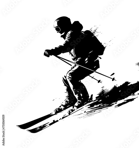 Obraz na płótnie Silhouette of a skier on a ski slope, black silhouette on white background, editable svg, generated with AI w salonie