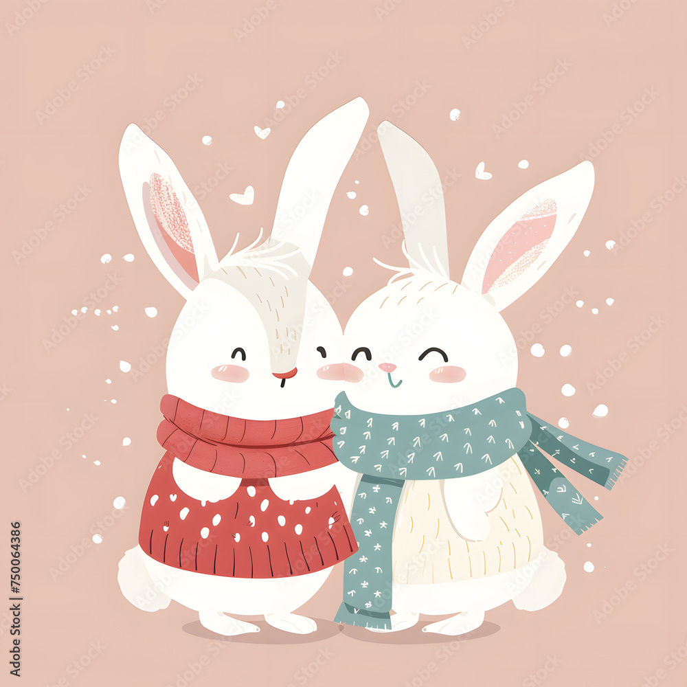 Obraz premium Cute bunny rabbit couple in love. Easter Day background.
