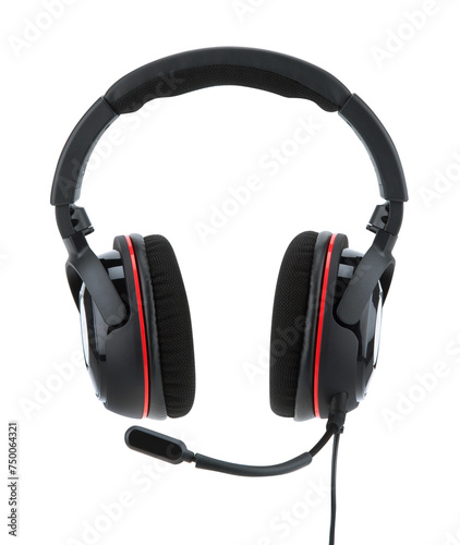 Black and red gaming headphones with a microphone isolated on a white background.