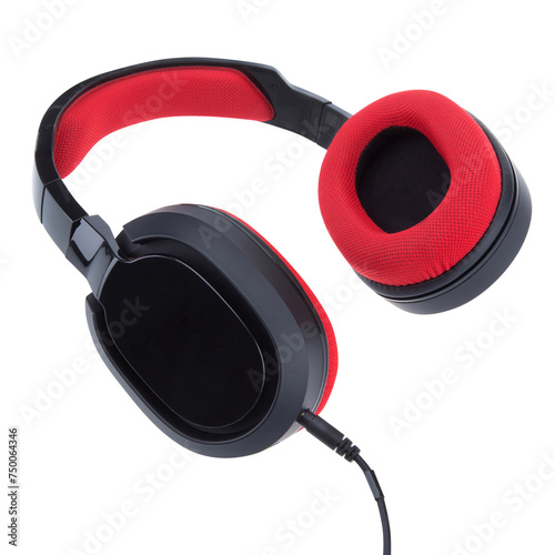 Black and red gaming headphones with a microphone isolated on a white background.