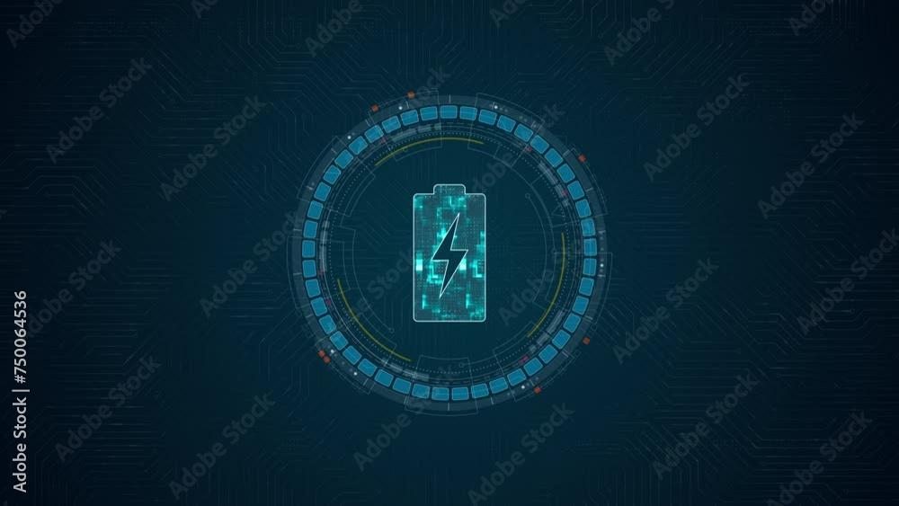 Motion graphic of Blue digital battery logo and circle futuristic HUD elements with power reserve concepts on cricuit board abstract background