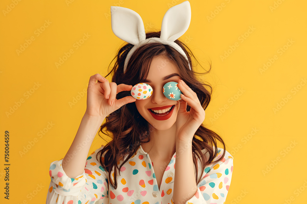 Happy young woman wearing bunny ears headband and holding up Easter egg in front of eyes on background.