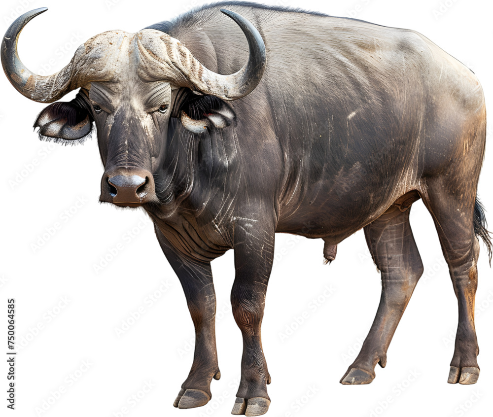 Obraz premium A Cape buffalo, Syncerus caffer, crossing a road. Birds are visible. Isolated on white