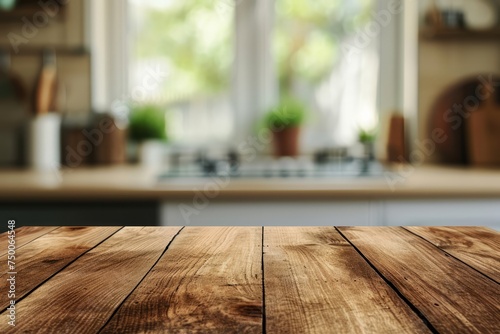 Empty beautiful wooden tabletop and blurred bokeh modern kitchen interior background