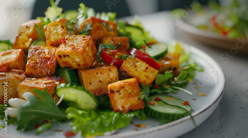 Vibrant closeup of a tofu salad with fresh vegetables