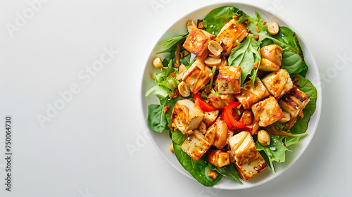 Fresh tofu salad on white background