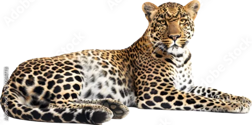 Obraz Portrait of leopard standing a looking away proudly, Panthera pardus, against white background
