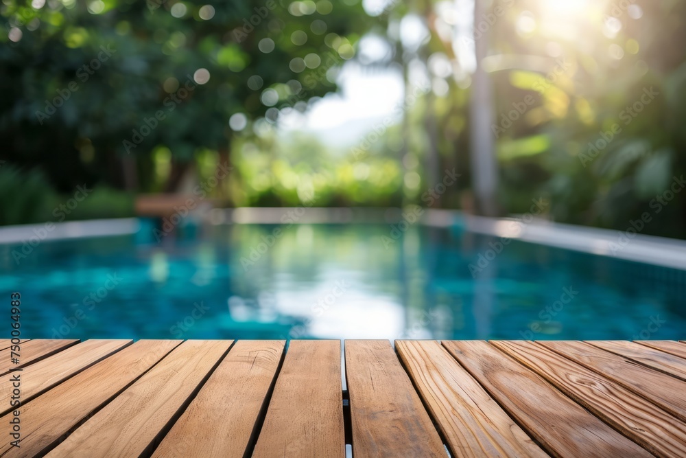Empty beautiful wooden tabletop on background blurred view of swimming pool in summer holiday,  space for your text or product