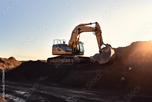 Excavator on earthmoving at open pit mining on sunset. Backhoe digs sand and gravel in quarry. Heavy construction equipment on excavation at construction site. Mining Excavator in open-pit. Open cast