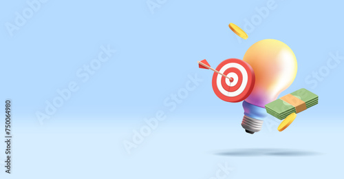 3d render composition creative light bulb, with target board and money banknotes and coins. business creative idea