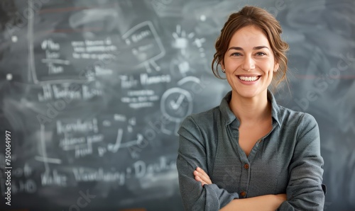 A smiling female teacher stands confidently in a classroom setting, poised before a chalkboard ready to teach