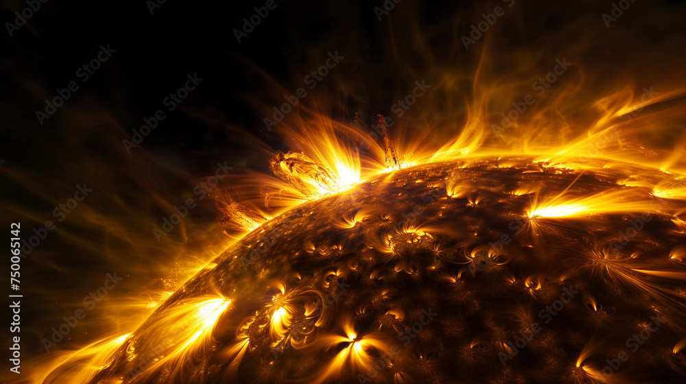 Close up of sun and flame blaze down on space . Global warming concept .