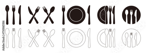 Plate, knife, fork and spoon vector icon set
