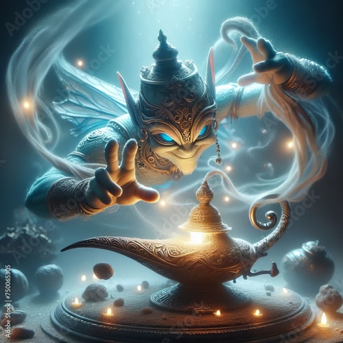 Illustration of a genie let out of a bottle, a fantasy rendition of a messenger of wishes photo