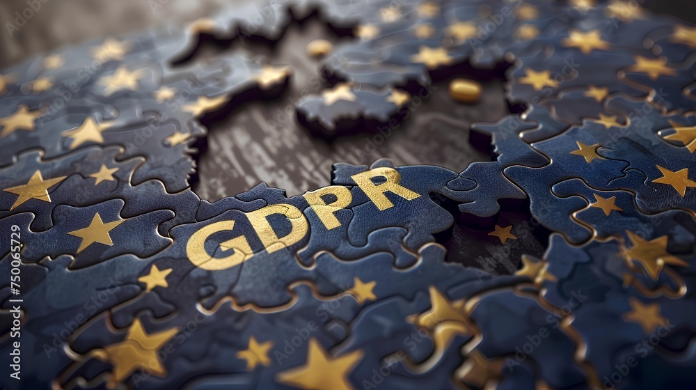 GDPR concept, acronym GDPR displayed over a stylized map divided into interlocking puzzle pieces, symbolizing the interconnected nature of data protection regulations across different regions. - obrazy, fototapety, plakaty 