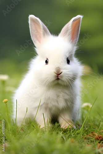 Innocent Beauty of Nature: Adorable White Bunny in Fresh Green Grass Under Clear Blue Sky