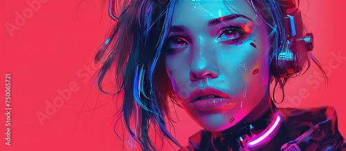 Close-up model of trendy night woman's face with neon glow lights AI generated image