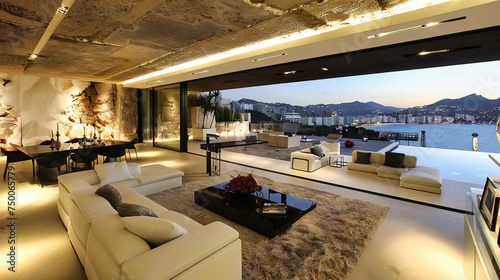 Nighttime Elegance in Modern Living: Luxurious Room with Sophisticated Furniture and Breathtaking View from the Balcony