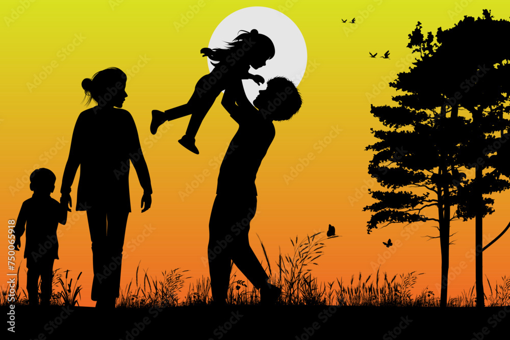 cute family silhouette landscape