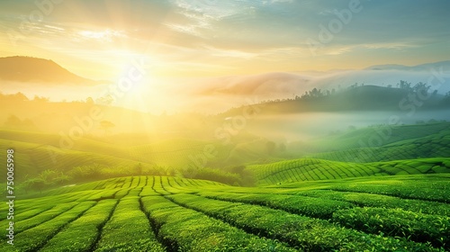 Capture the serene beauty of a green tea plantation bathed in the soft light of sunrise. 