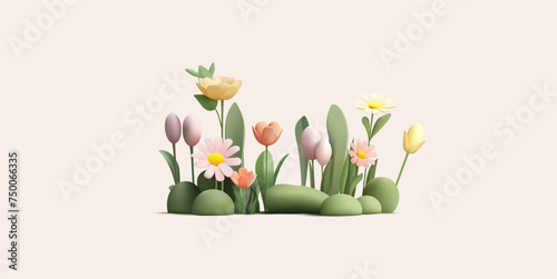3d illustration of spring flowers on grass field, daisy and tulips on green grass. Cartoon render modern style