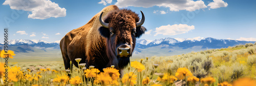 Imposing Bison in Its Natural Habitat on a Vast Prairie under a Clear Sky