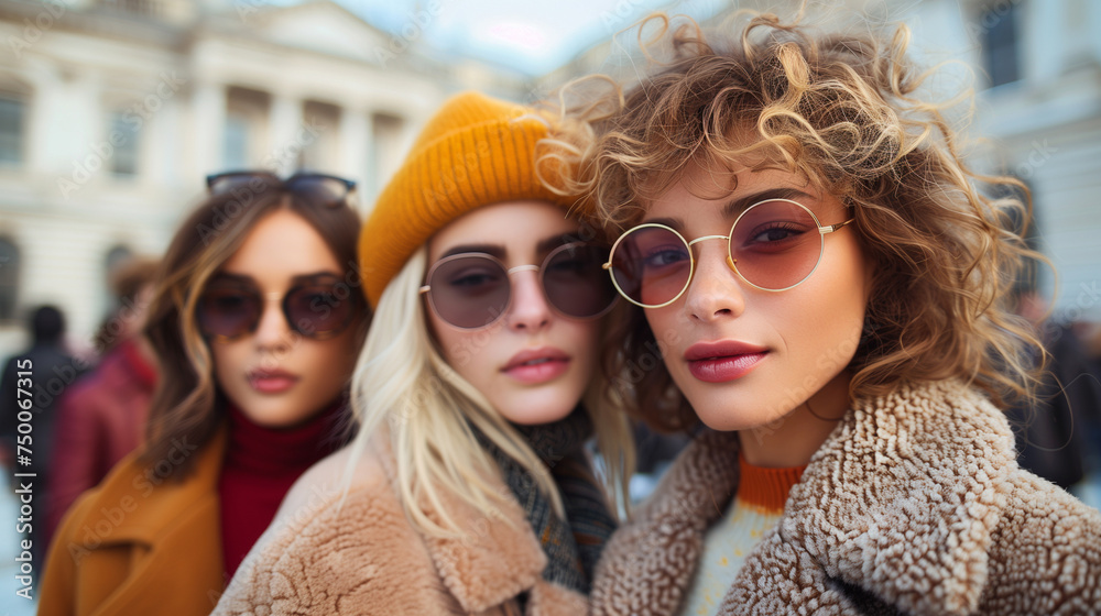 Stylish university clique, posed against the backdrop of iconic campus architecture. Stylish university clique, posed against the backdrop of iconic campus architecture.